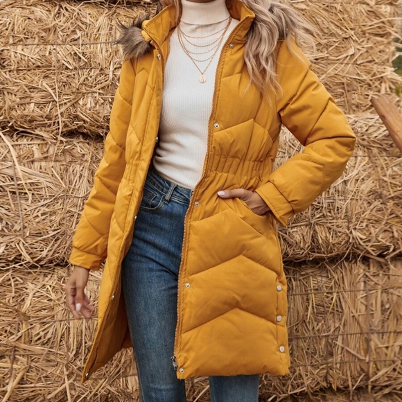 FALL Chevron quilted puffer trench jacket mustard - Picture 4 of 6